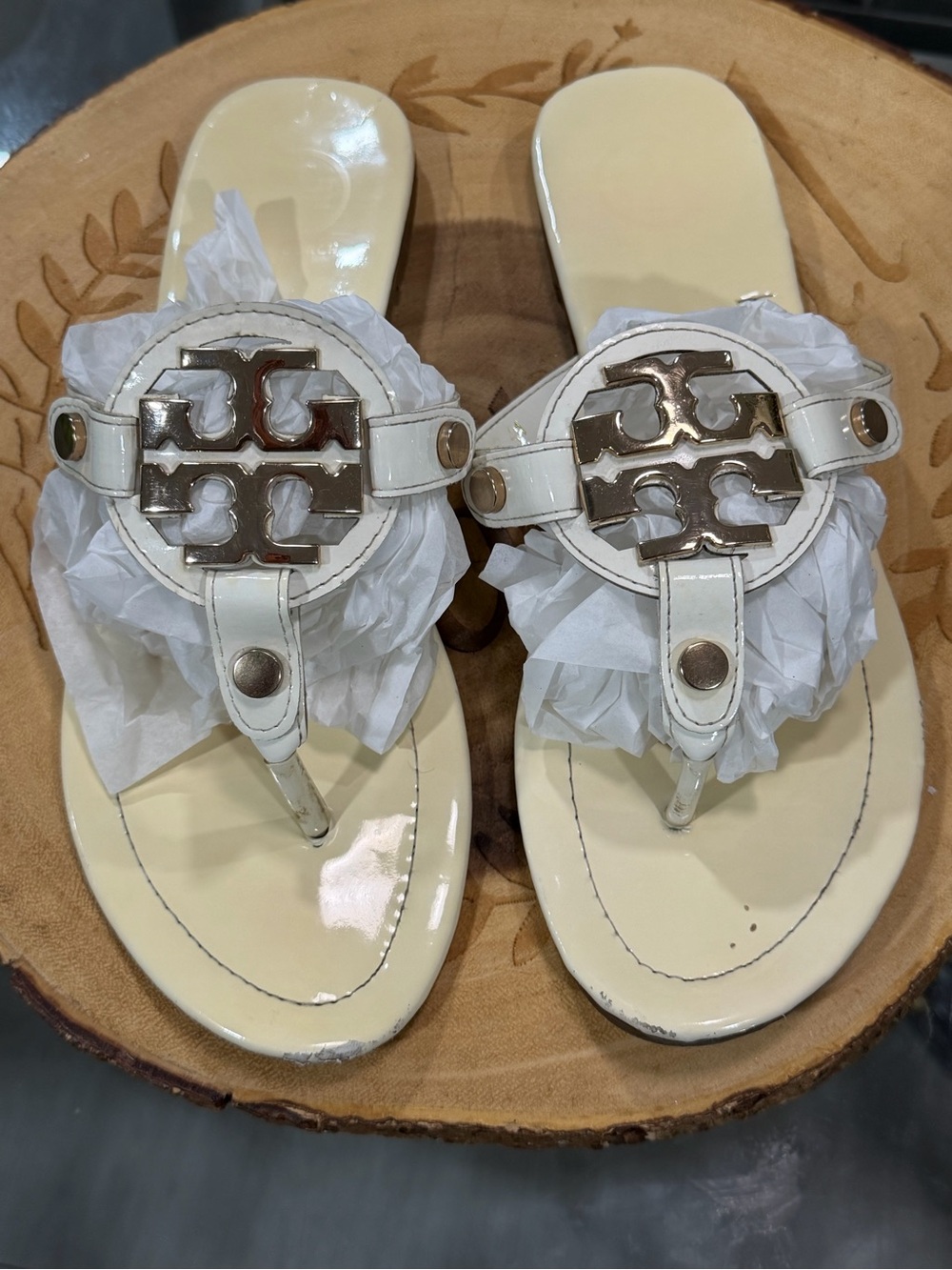 Tory Burch Cream Patent Leather Miller Thong Sandals with Gold Logo